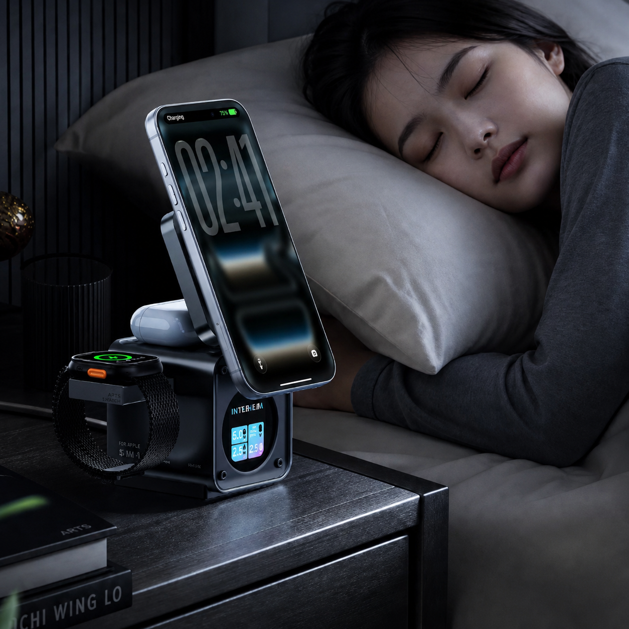 床頭使用三合一無線充電站情境圖