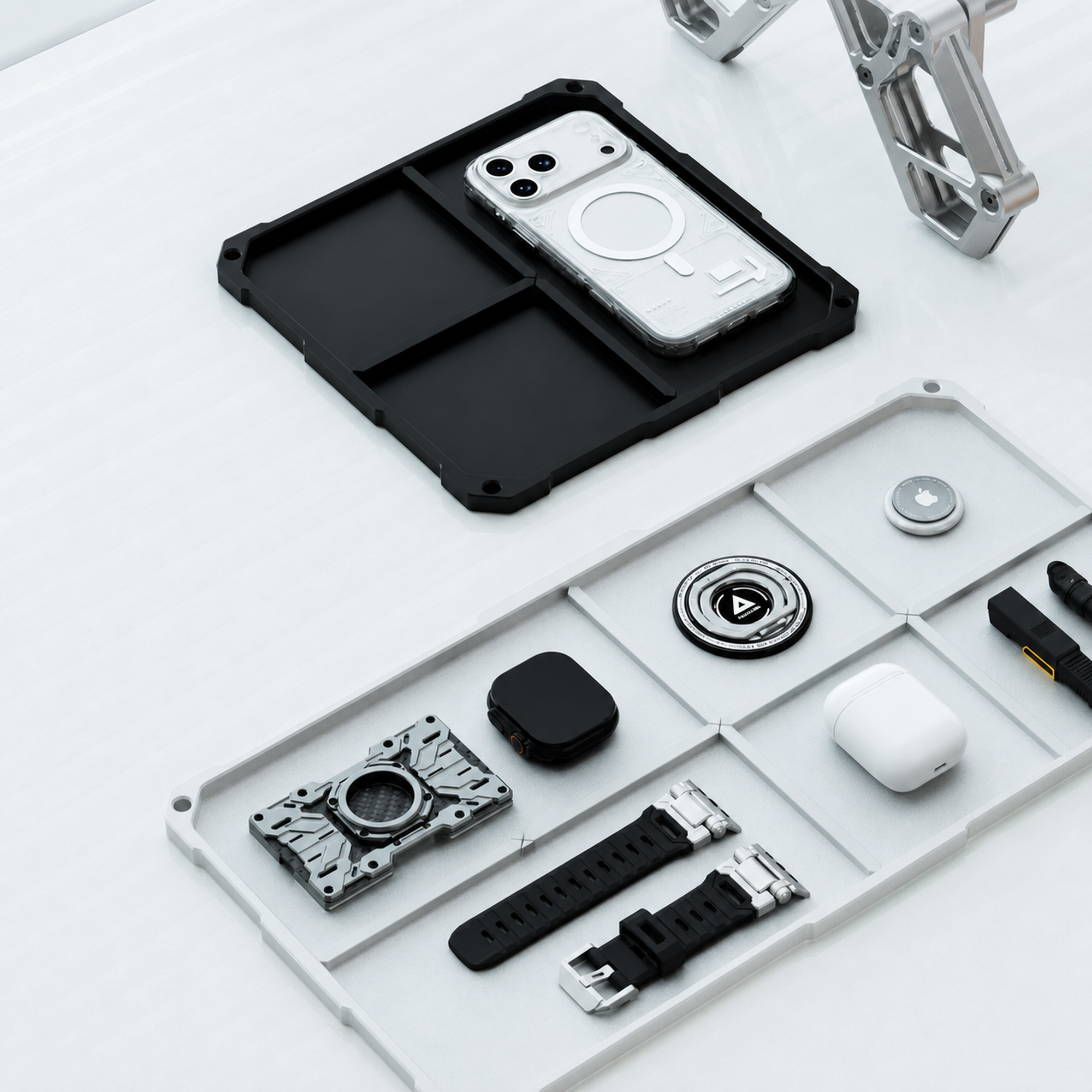 ModTray silver desktop organizer tray with accessories